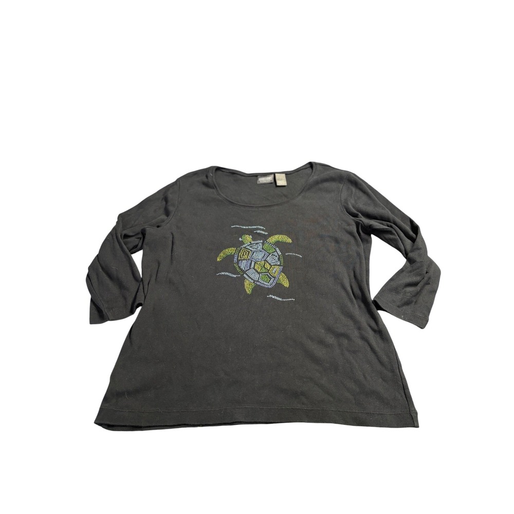 Additions by Chicos Black 3/4 Sleeve Turtle Rhinestone Blouse Top Women's Size 2